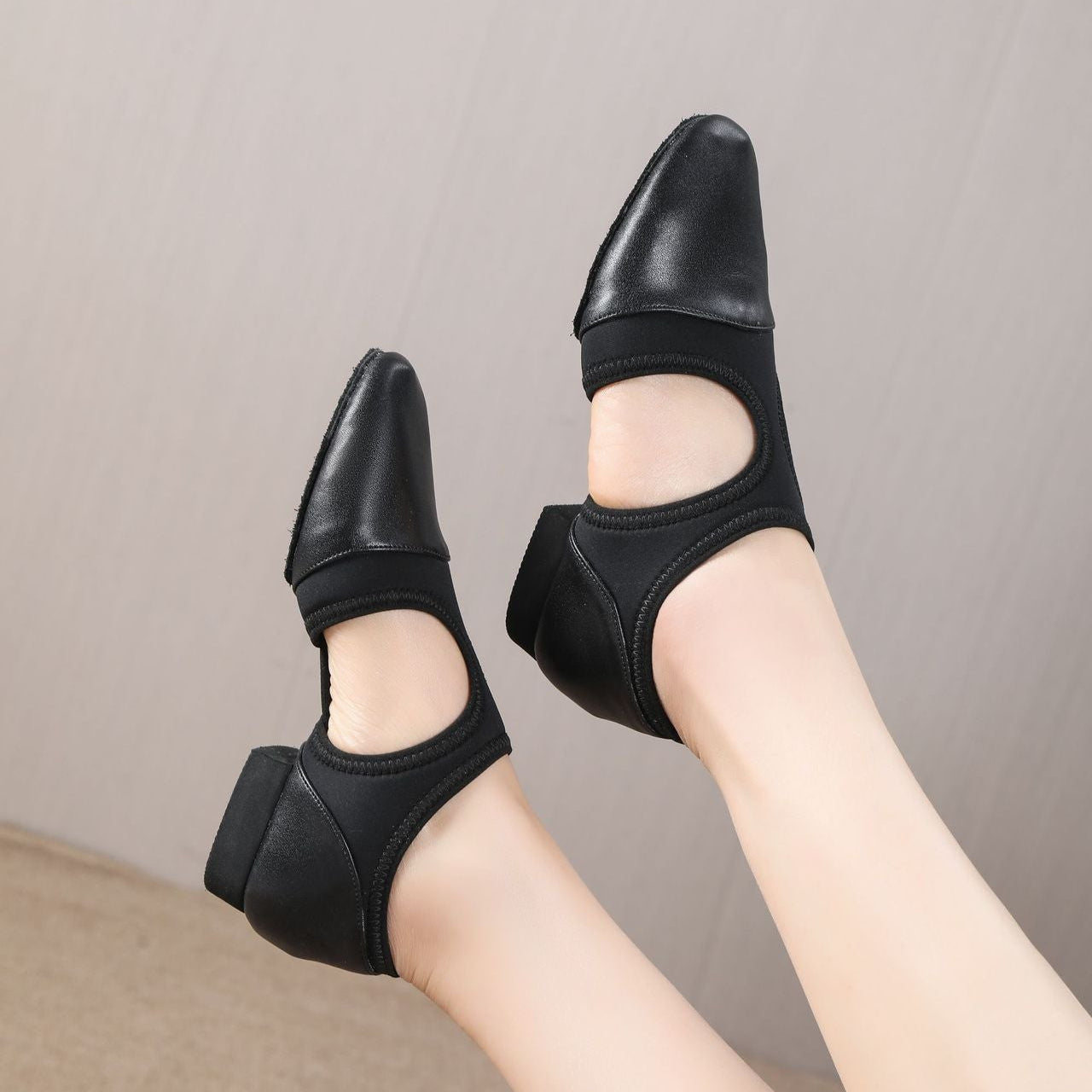 Women's Split-Sole Jazz Dance Teacher Shoes - Leather & Elastic Slip-On with Low Heel JZ-M-08