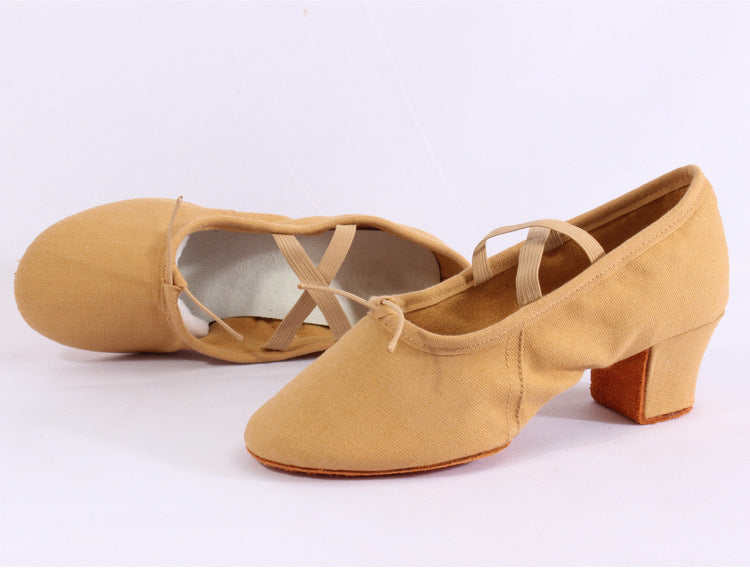 Tan Canvas Dance Shoes for Women, Double Layer Fabric with Non-Slip Suede Sole