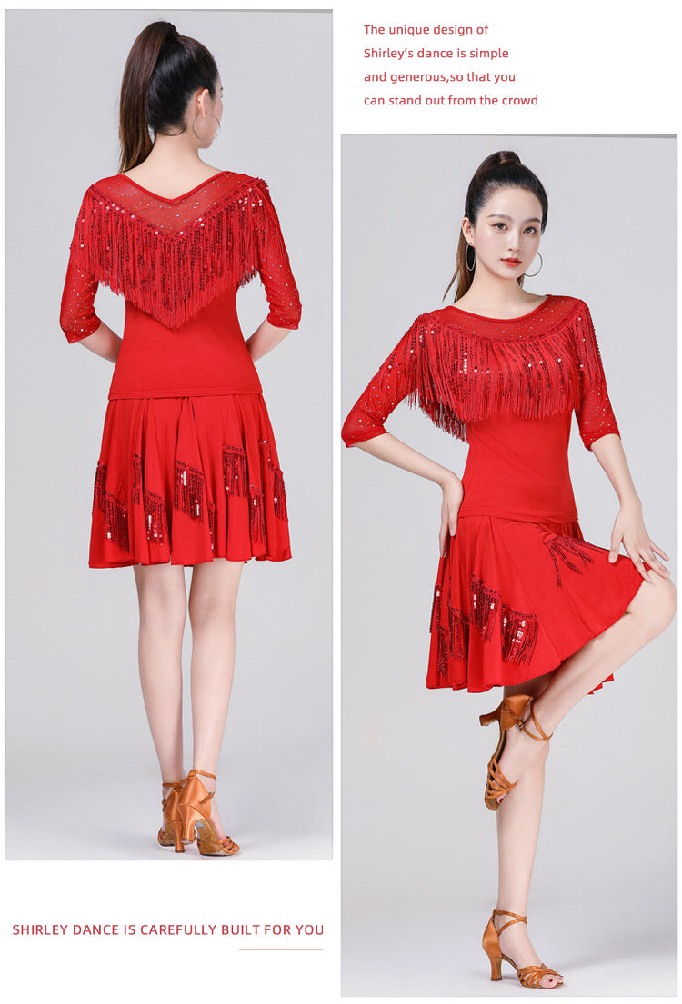 Women's Sequined Fringe Latin Dance Top | Mesh V-Neck Ballroom Salsa Tango Performance Top