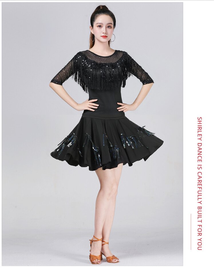 Women's Latin Dance Top, Sequined Fringe Mesh Top for Ballroom Salsa Tango, Performance Practice Dancewear