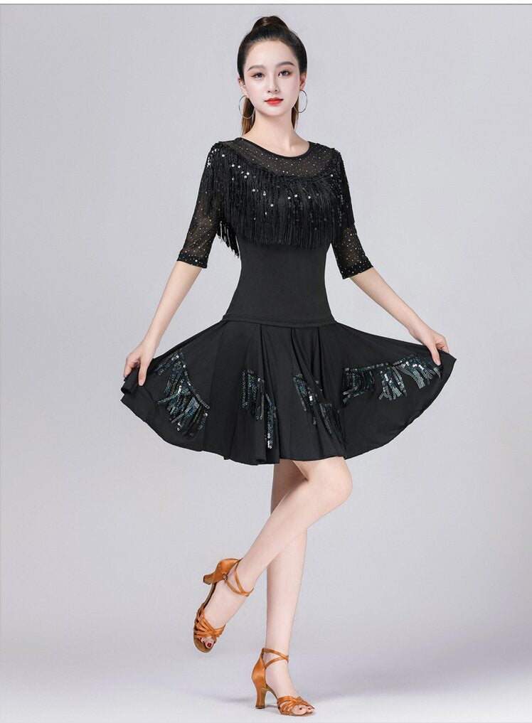 Durable sequined Latin dance top, women's fringe mesh top for daily dance practice