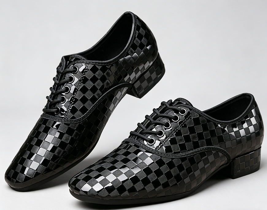 Men's modern dance shoes with checkered glossy upper, anti-slip rubber sole for outdoor square dance