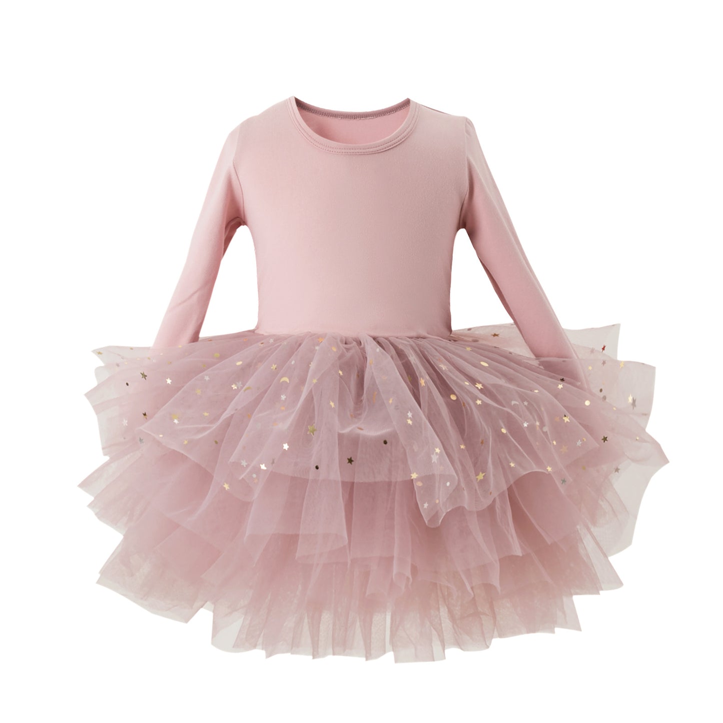 Sparkly Gold Star Girls Long Sleeve Ballet Tutu Dress, Soft Stretchy Kids Dance Leotard
