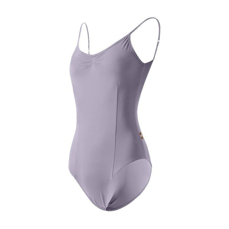 Purple backless ballet leotard worn by dancer, adjustable strap ice silk dance bodysuit for ballet training