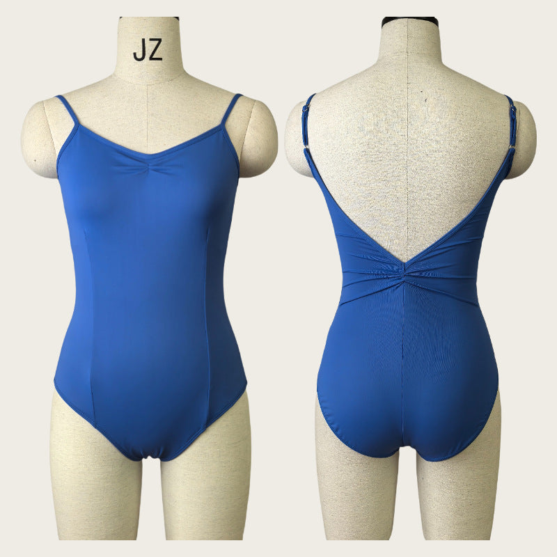 Blue V-back ballet leotard, high stretch dance bodysuit with adjustable straps for dance training and stage performance