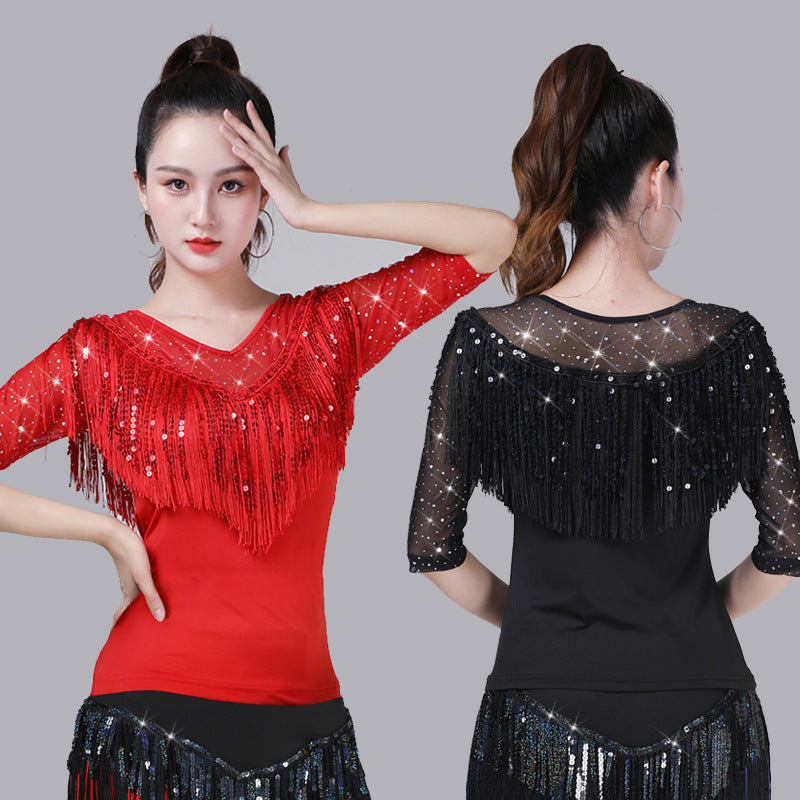 Women's Latin dance performance top, sequined fringe mesh shirt for ballroom salsa tango