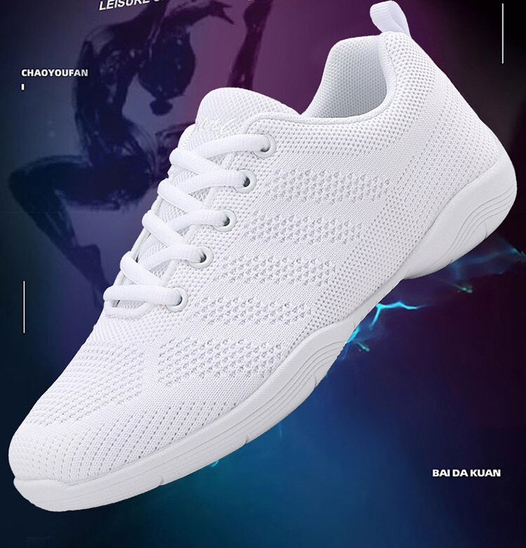 White dance sneakers for cheerleading with ergonomic design and rubber sole