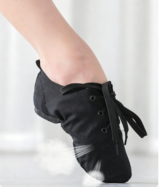 Black canvas lace-up jazz dance shoes, non-slip split sole ballet shoes for men women beginners