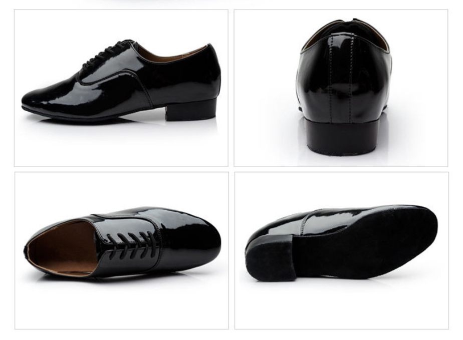 Premium men's Latin/ballroom dance shoes, bright glossy leather, breathable soft lining, anti-slip sole
