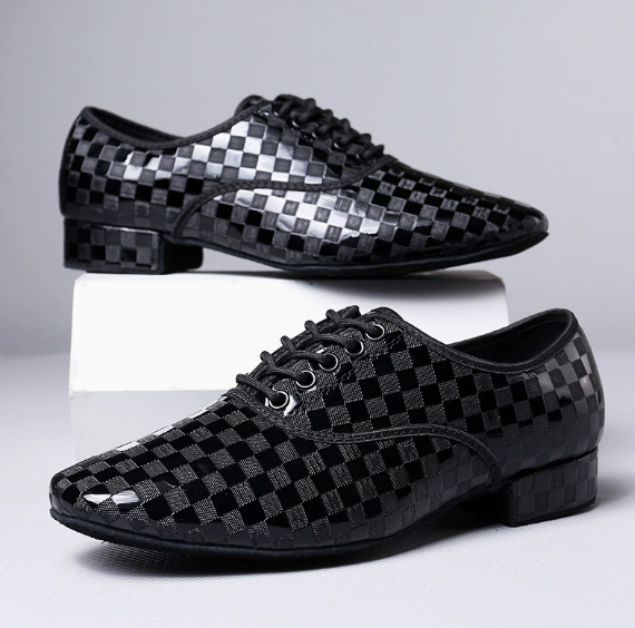 Men's black checkered patent leather modern ballroom dance shoes with low heel, lace-up design