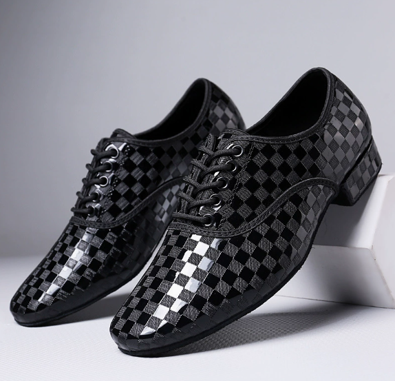 Men's black grid pattern lace-up dance shoes, comfortable lightweight for all-day dancing