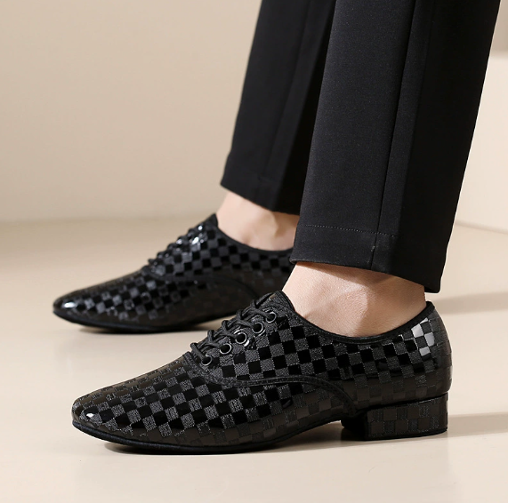 Stylish men's glossy checkered dance shoes for ballroom, social, jitterbug and square dancing
