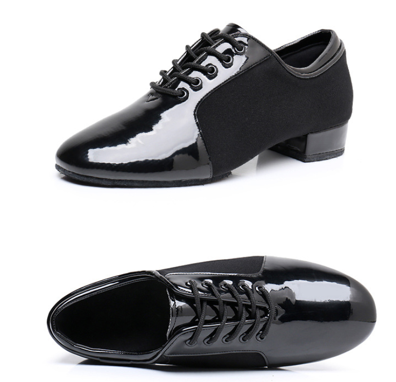 Black Lace-up Men's Social Dance Shoes, 2.5cm Low Heel, Cow Split Leather Sole for Practice
