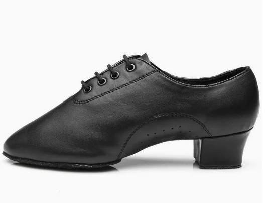 Men's black indoor dance shoes with fine material and double stitching