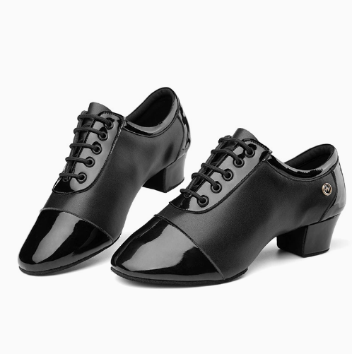 Classic black and white patent leather lace-up dance shoes for square dance